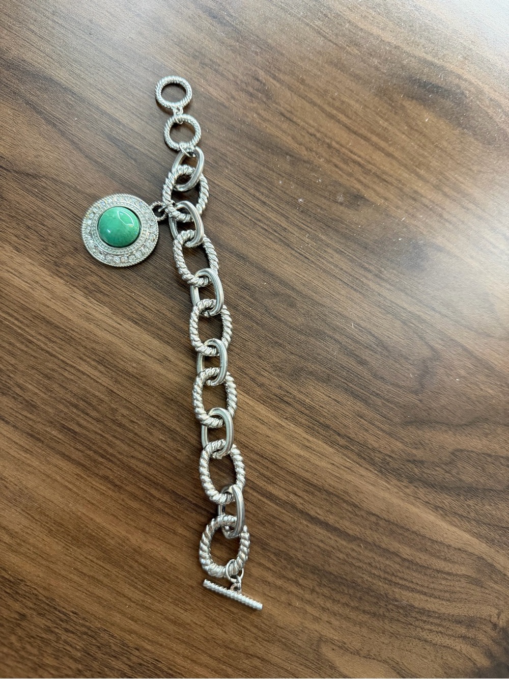 Silver Rope-Link Charm Bracelet with Green Stone Disc